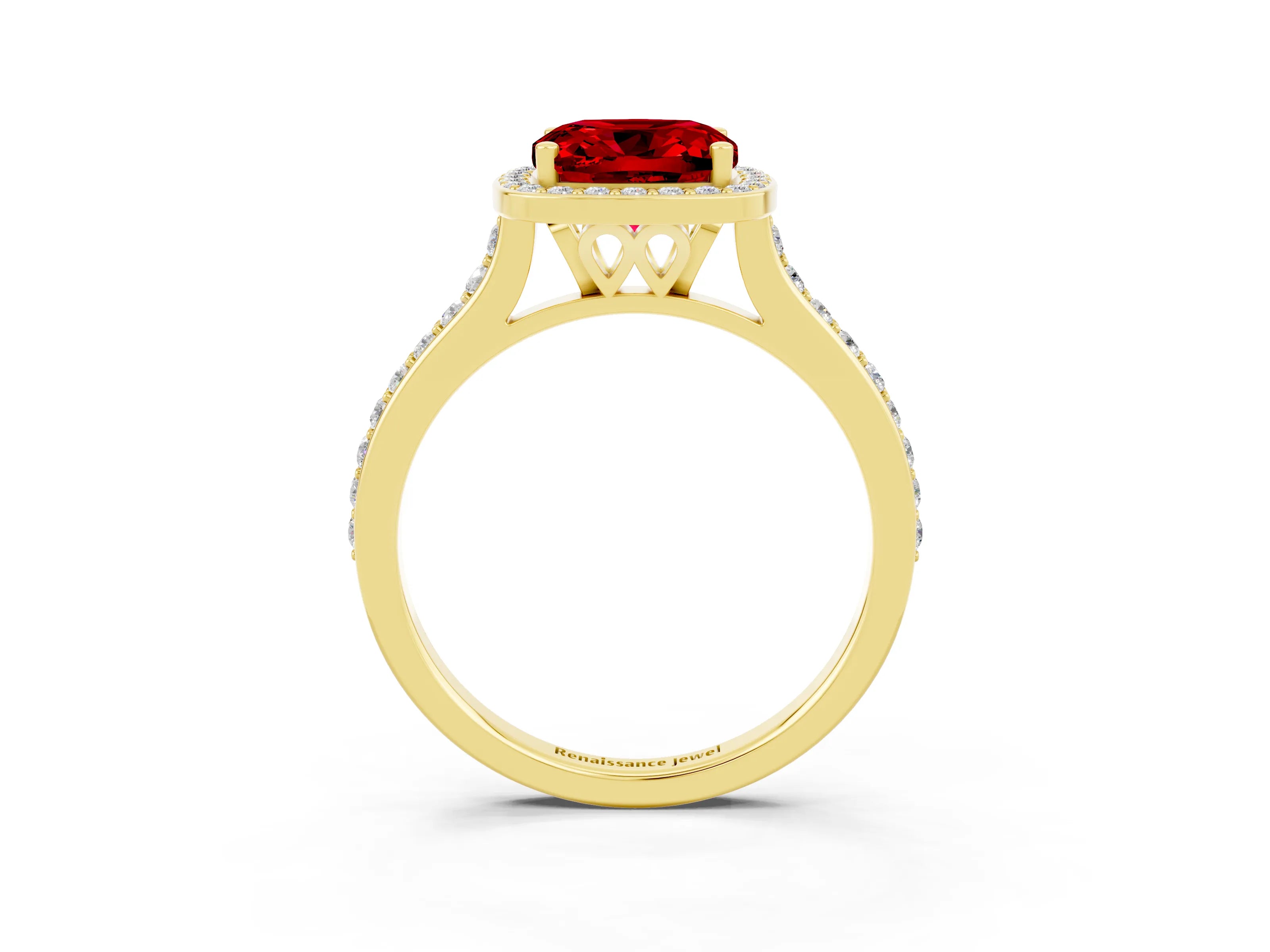 Yellow gold Cushion Cut Halo Round Diamond Pavé Band with Four-Prong Setting_3