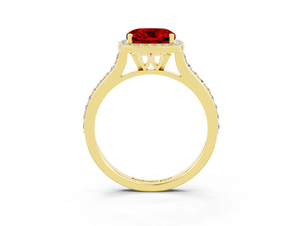 Yellow gold Cushion Cut Halo Round Diamond Pavé Band with Four-Prong Setting