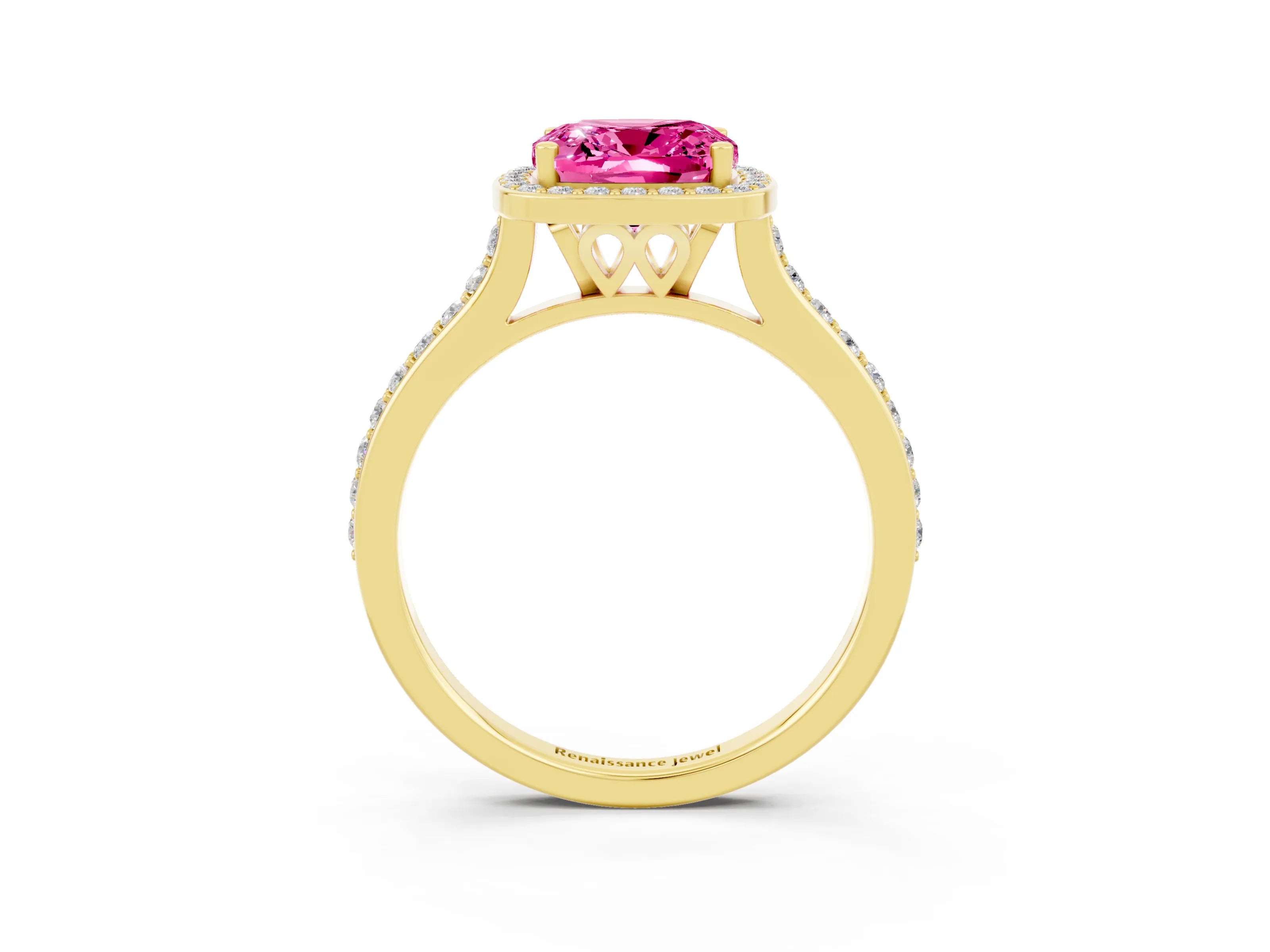Yellow gold Cushion Cut Halo Round Diamond Pavé Band with Four-Prong Setting_3
