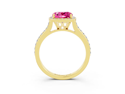 Yellow gold Cushion Cut Halo Round Diamond Pavé Band with Four-Prong Setting_3
