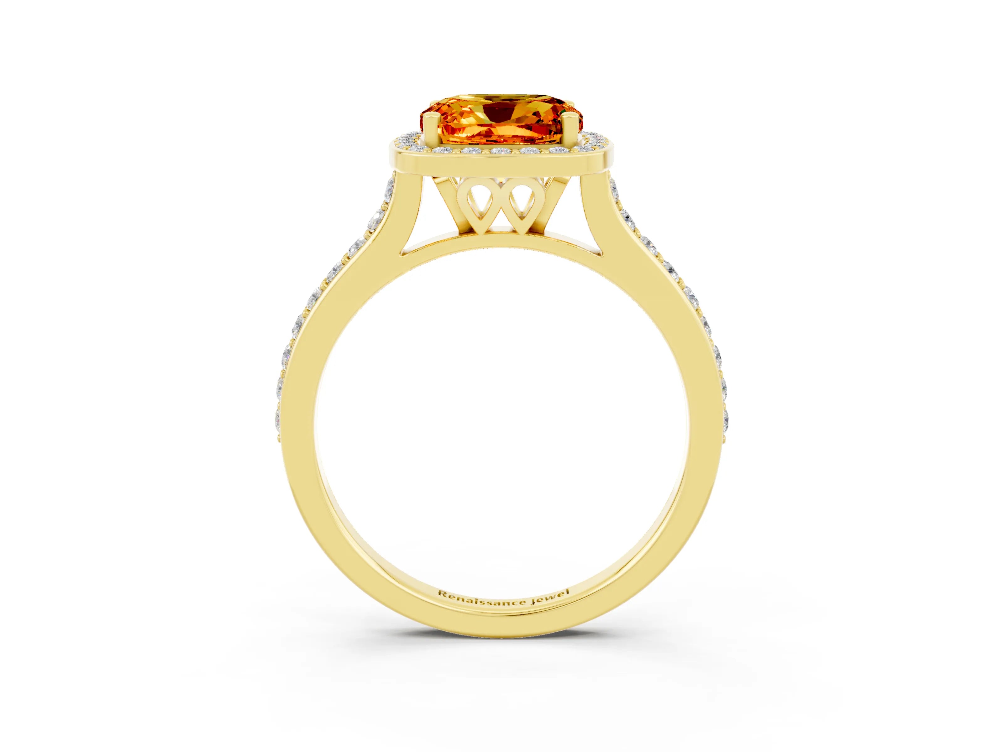 Yellow gold Cushion Cut Halo Round Diamond Pavé Band with Four-Prong Setting_3