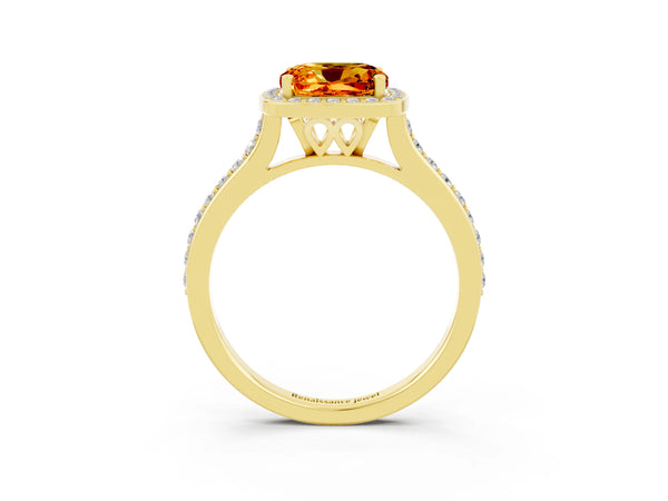 Yellow gold Cushion Cut Citrine Halo Engagement Ring with Round Pavé Shoulders and Prong Setting