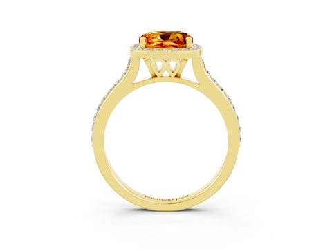 Yellow gold Cushion Cut Halo Round Diamond Pavé Band with Four-Prong Setting_3
