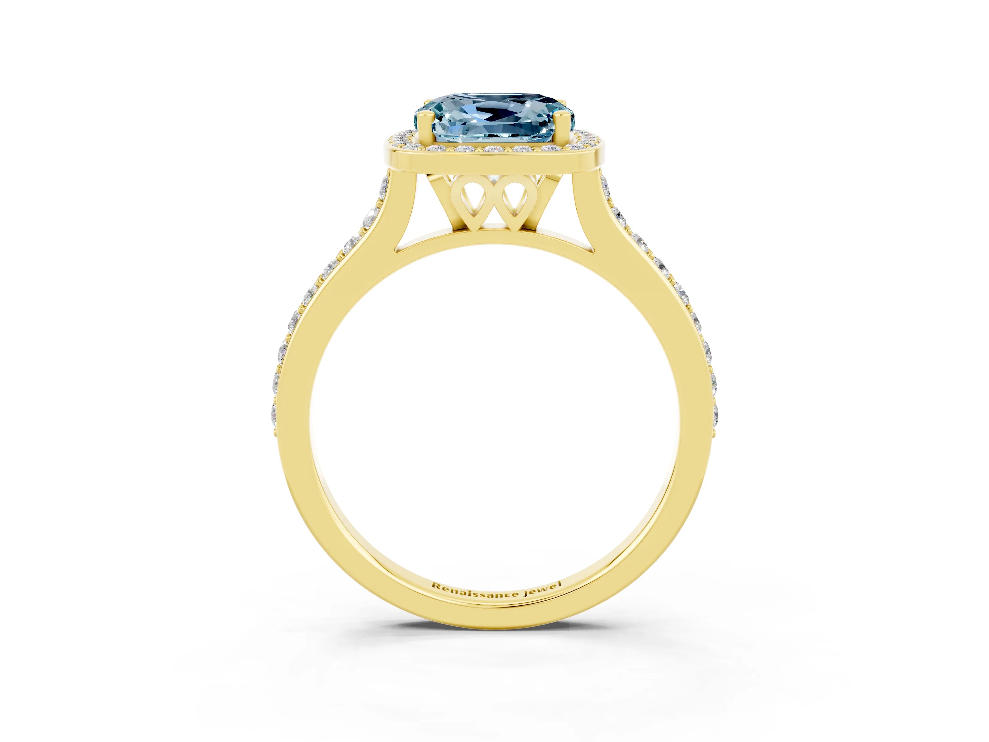 Yellow gold Cushion Cut Halo Round Diamond Pavé Band with Four-Prong Setting_3