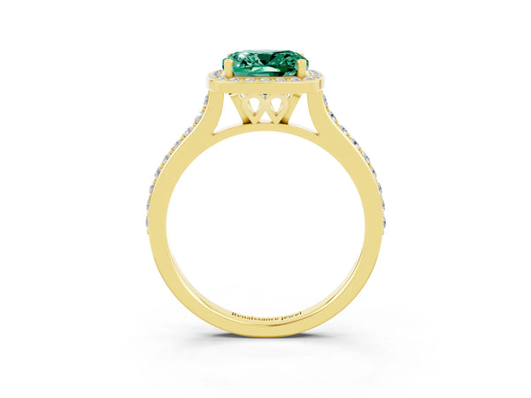 Yellow gold Cushion Cut Green Sapphire Halo Engagement Ring with Round Pavé Shoulders and Prong Setting