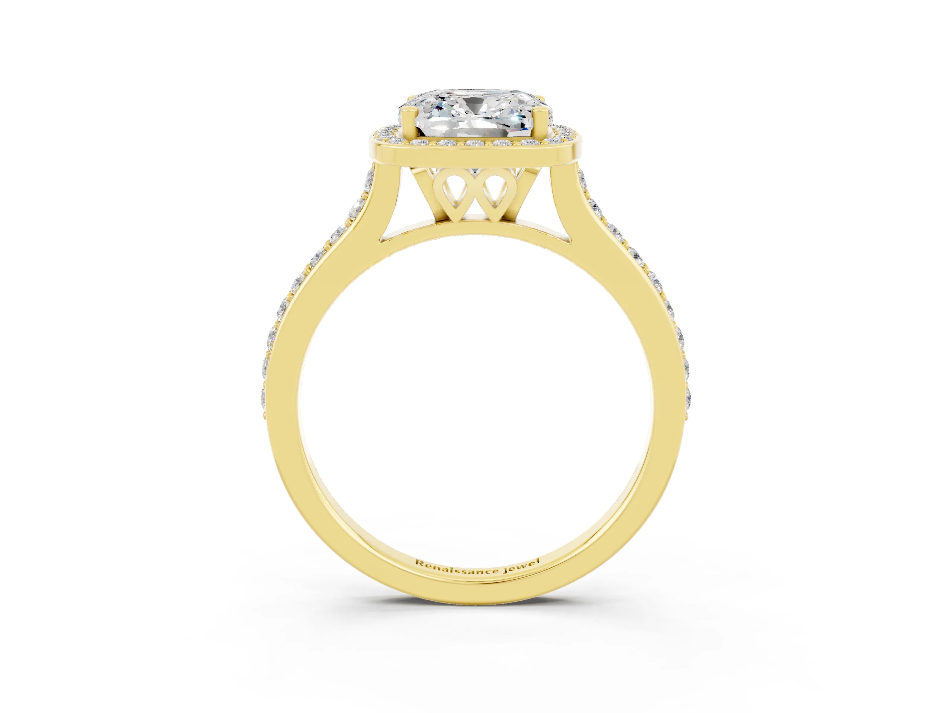 Yellow gold Cushion Cut Halo Round Diamond Pavé Band with Four-Prong Setting_3