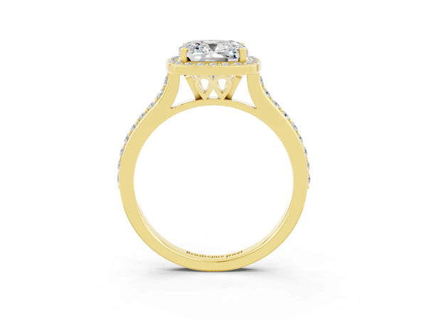 Yellow gold Cushion Cut Moissanite Halo Engagement Ring with Round Pavé Shoulders and Prong Setting