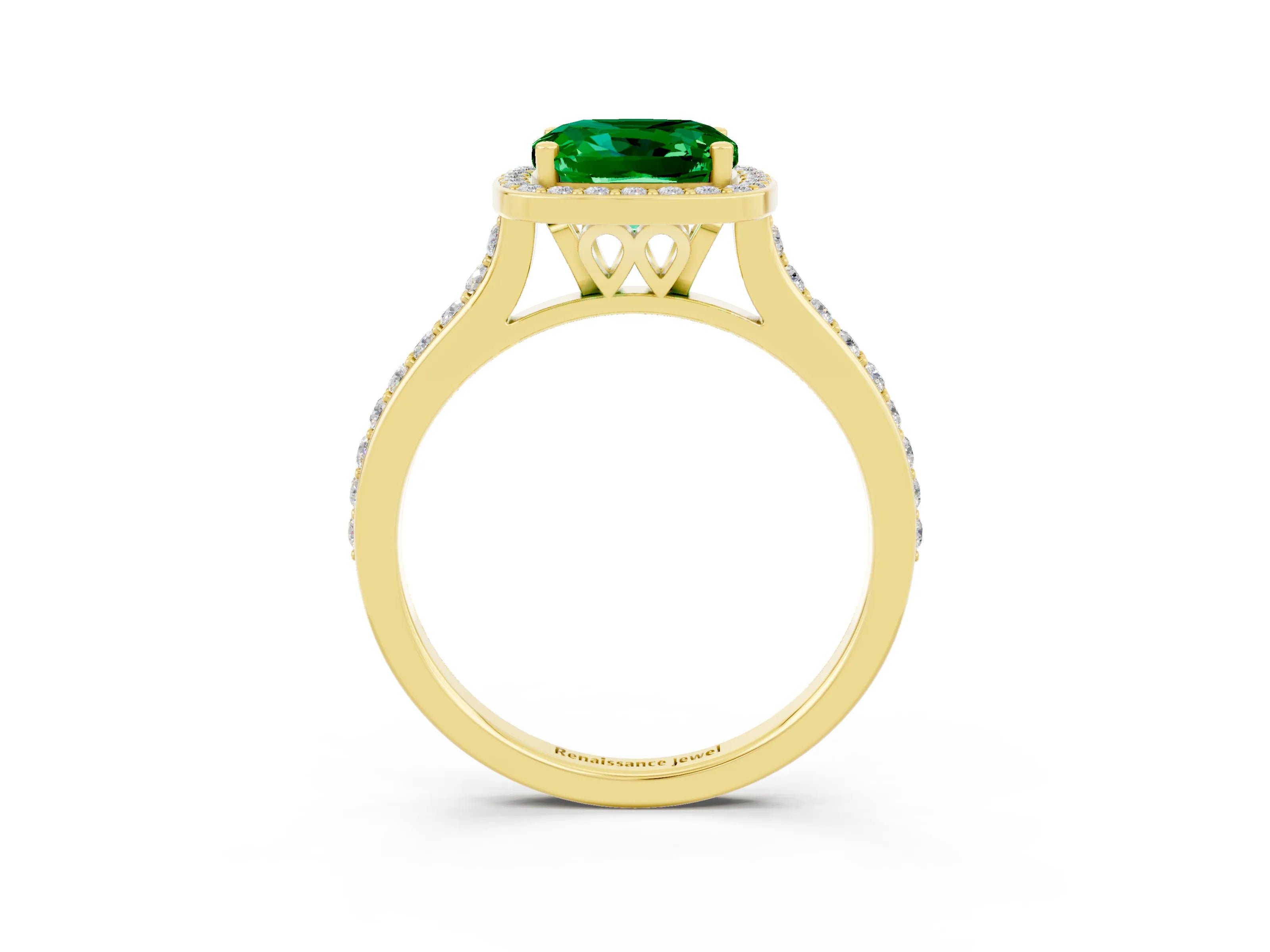 Yellow gold Cushion Cut Halo Round Diamond Pavé Band with Four-Prong Setting_3