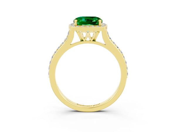 Yellow gold Cushion Cut Emerald Halo Engagement Ring with Round Pavé Shoulders and Prong Setting