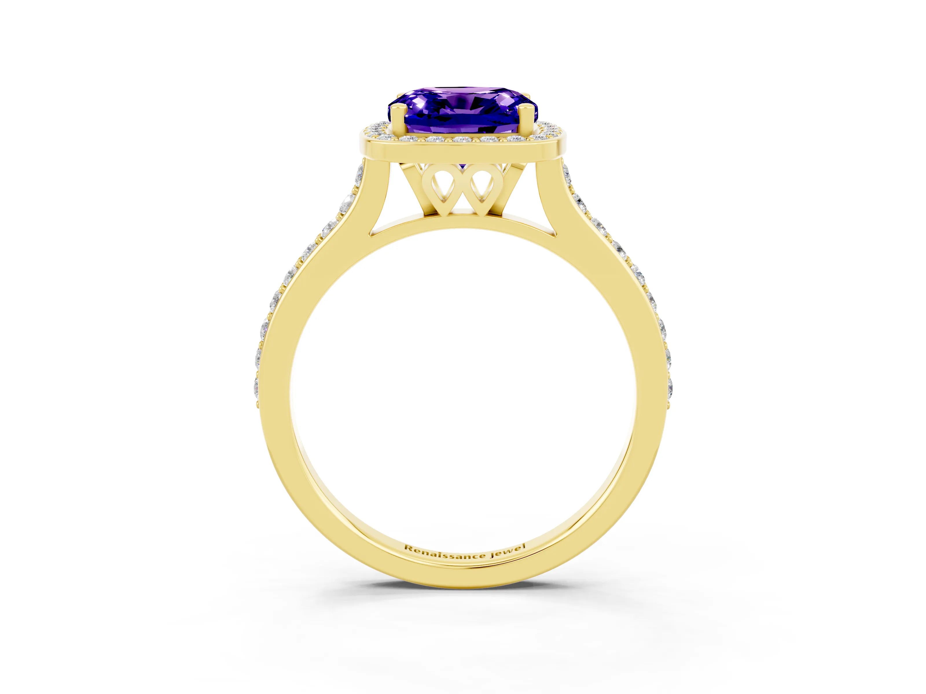Yellow gold Cushion Cut Halo Round Diamond Pavé Band with Four-Prong Setting_3