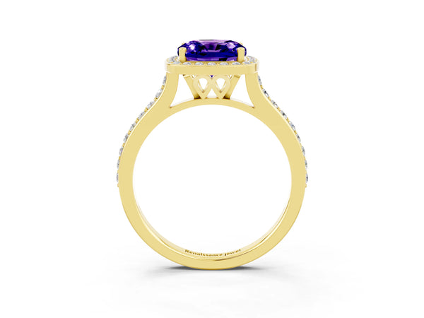 Yellow gold Cushion Cut Tanzanite Halo Engagement Ring with Round Pavé Shoulders and Prong Setting