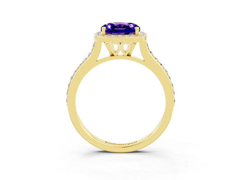 Yellow gold Cushion Cut Halo Round Diamond Pavé Band with Four-Prong Setting_3