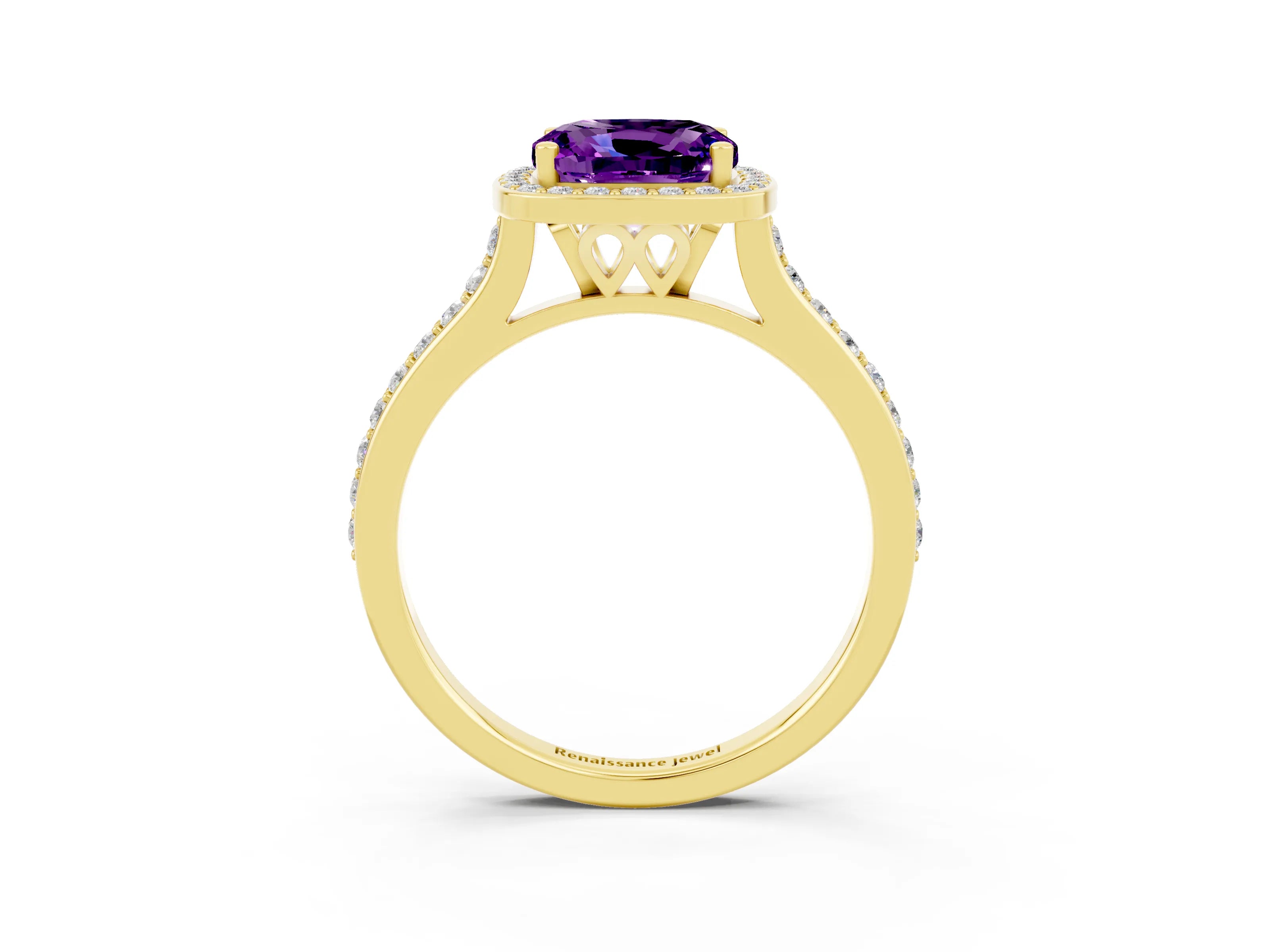 Yellow gold Cushion Cut Halo Round Diamond Pavé Band with Four-Prong Setting_3