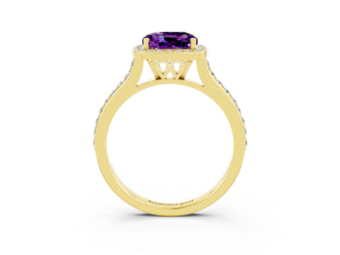 Yellow gold Cushion Cut Halo Round Diamond Pavé Band with Four-Prong Setting_3