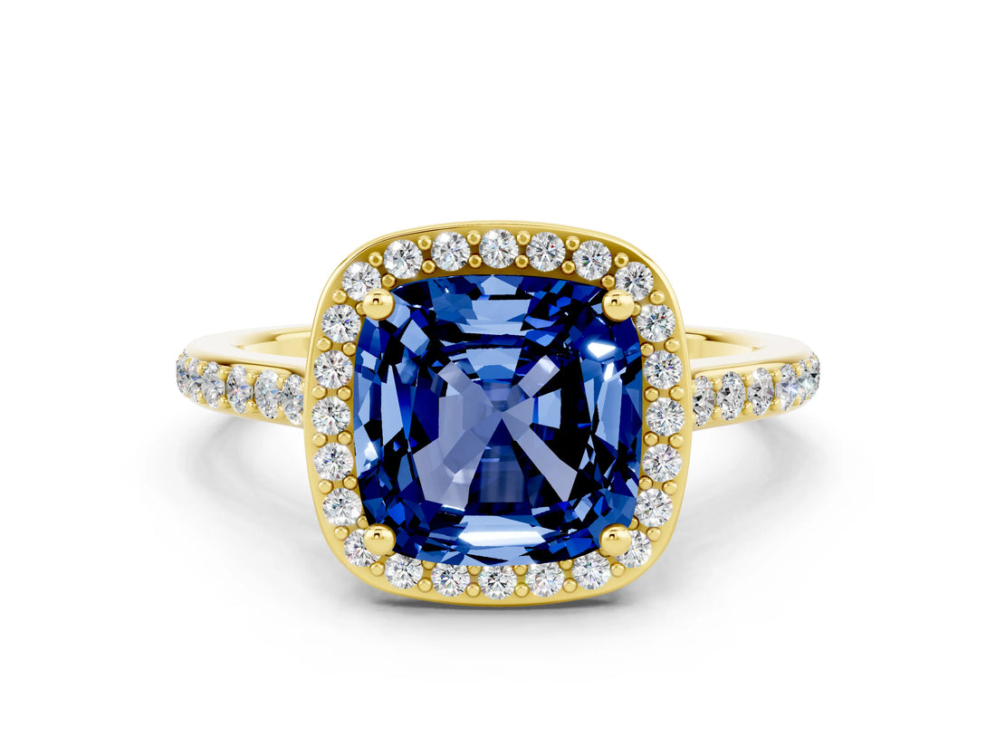 Yellow gold Cushion Cut Halo Round Diamond Pavé Band with Four-Prong Setting
