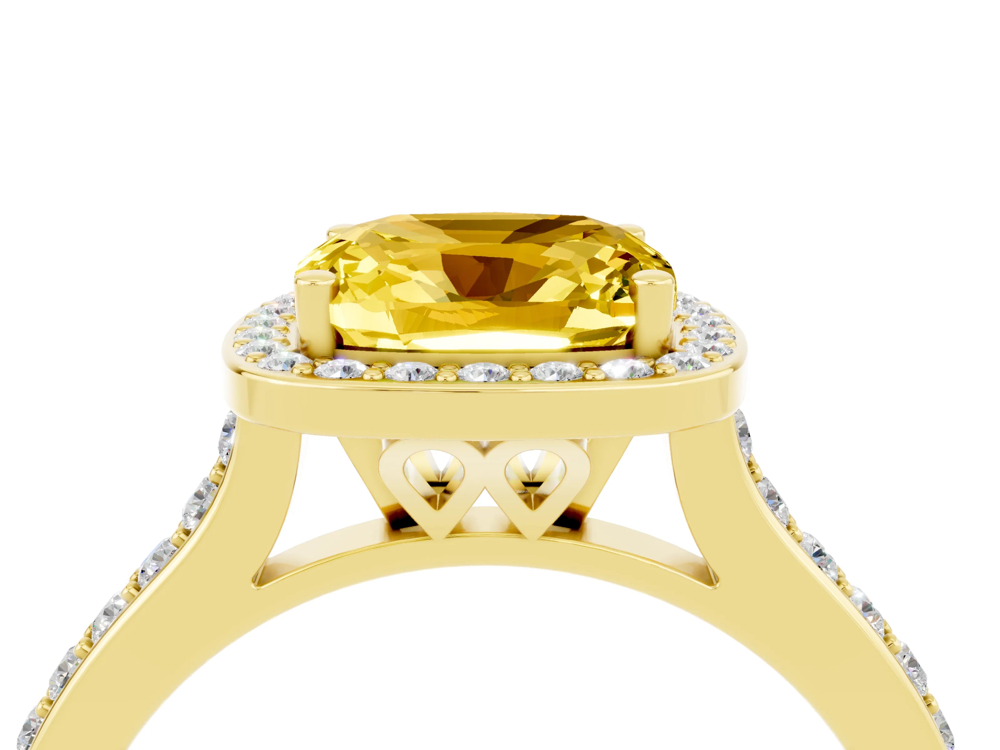 Yellow gold Cushion Cut Halo Round Diamond Pavé Band with Four-Prong Setting_4