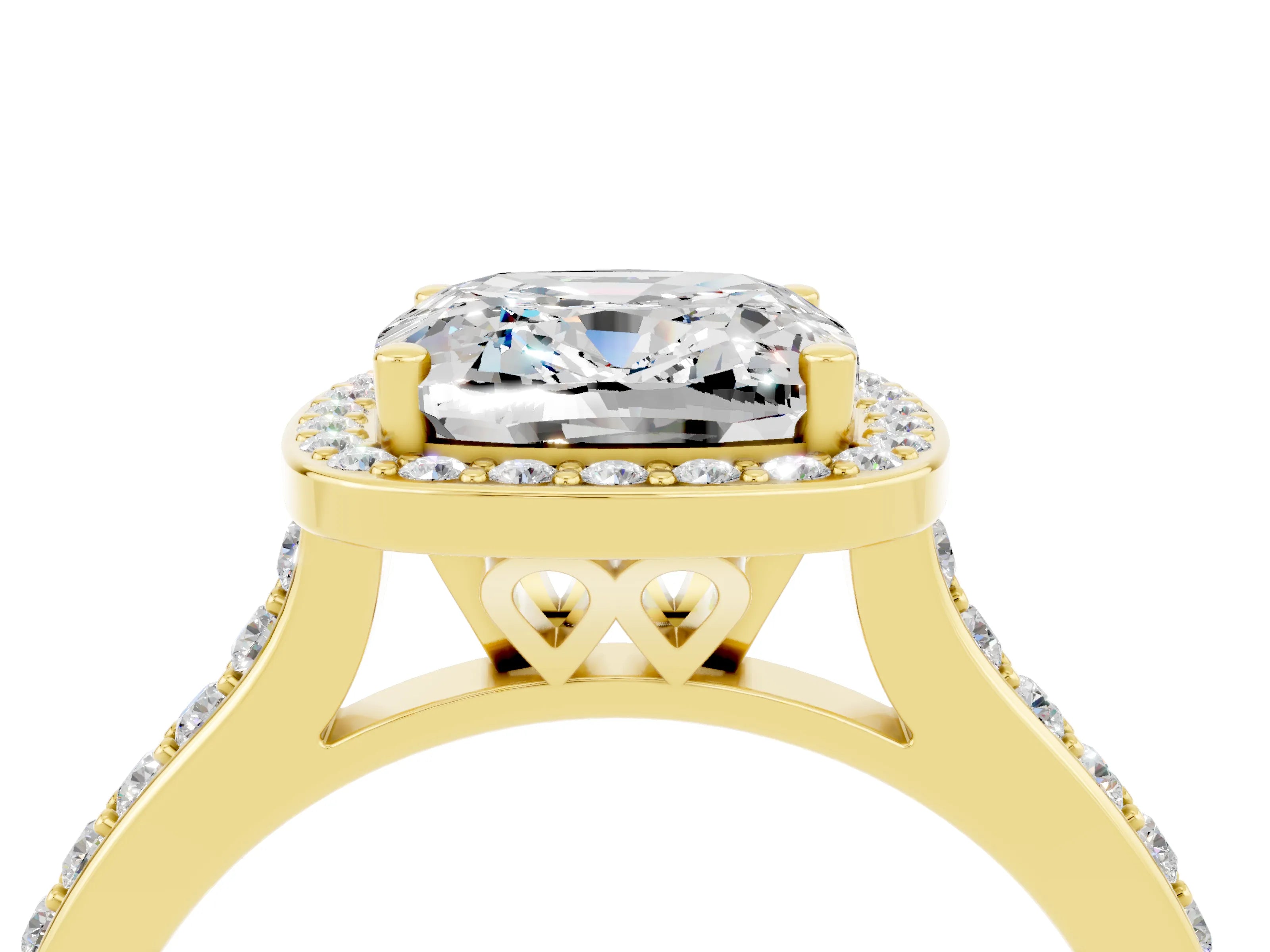 Yellow gold Cushion Cut Halo Round Diamond Pavé Band with Four-Prong Setting_4