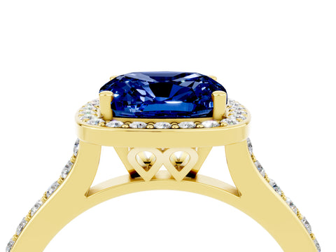 Yellow gold Cushion Cut Halo Round Diamond Pavé Band with Four-Prong Setting_4