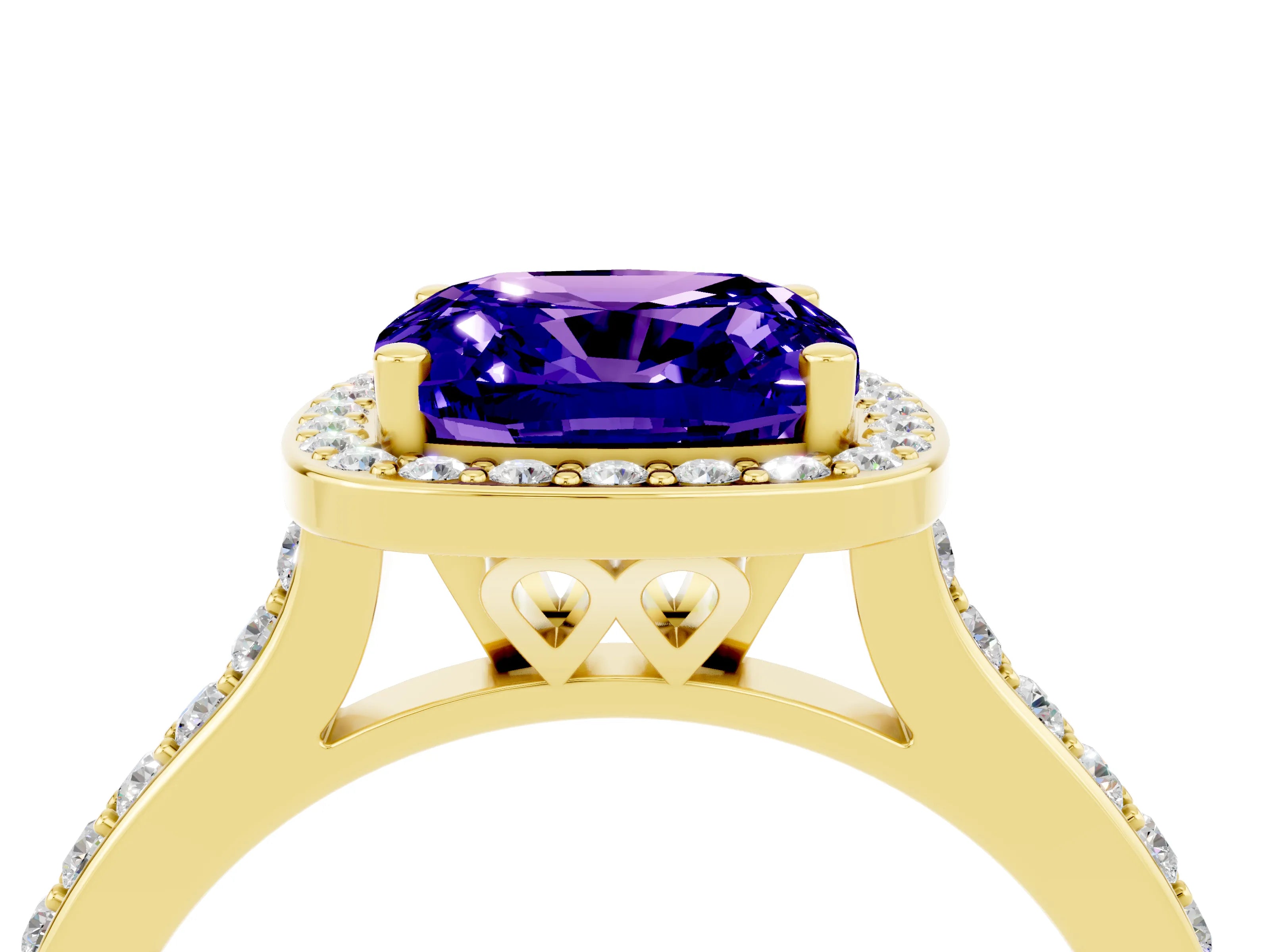 Yellow gold Cushion Cut Halo Round Diamond Pavé Band with Four-Prong Setting_4