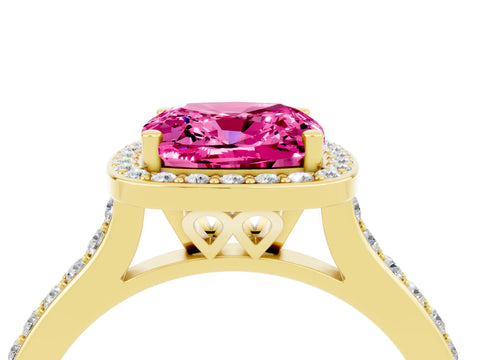 Yellow gold Cushion Cut Halo Round Diamond Pavé Band with Four-Prong Setting_4