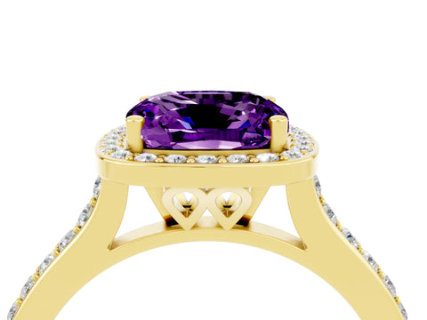 Yellow gold Cushion Cut Halo Round Diamond Pavé Band with Four-Prong Setting_4