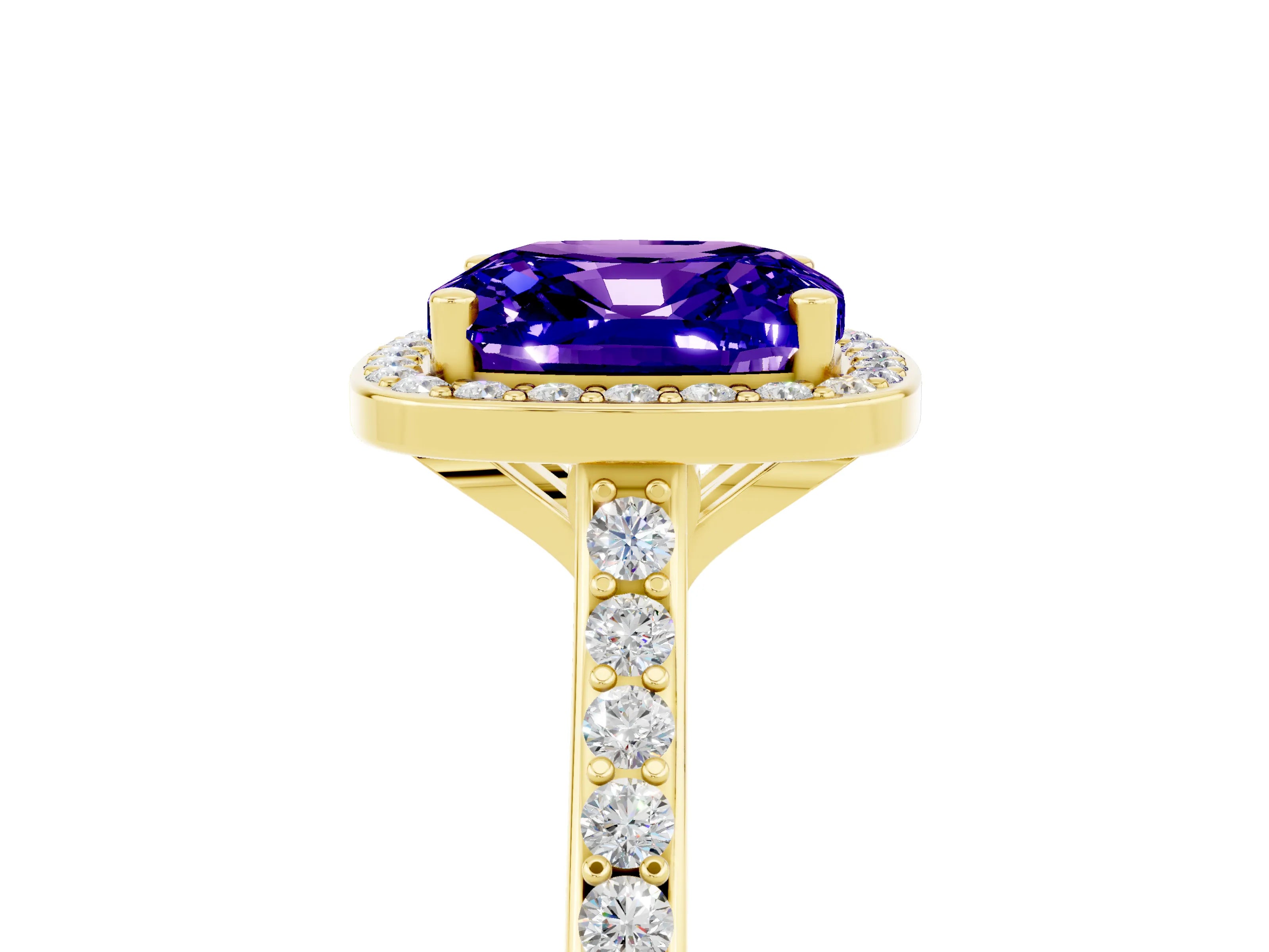 Yellow gold Cushion Cut Halo Round Diamond Pavé Band with Four-Prong Setting_5