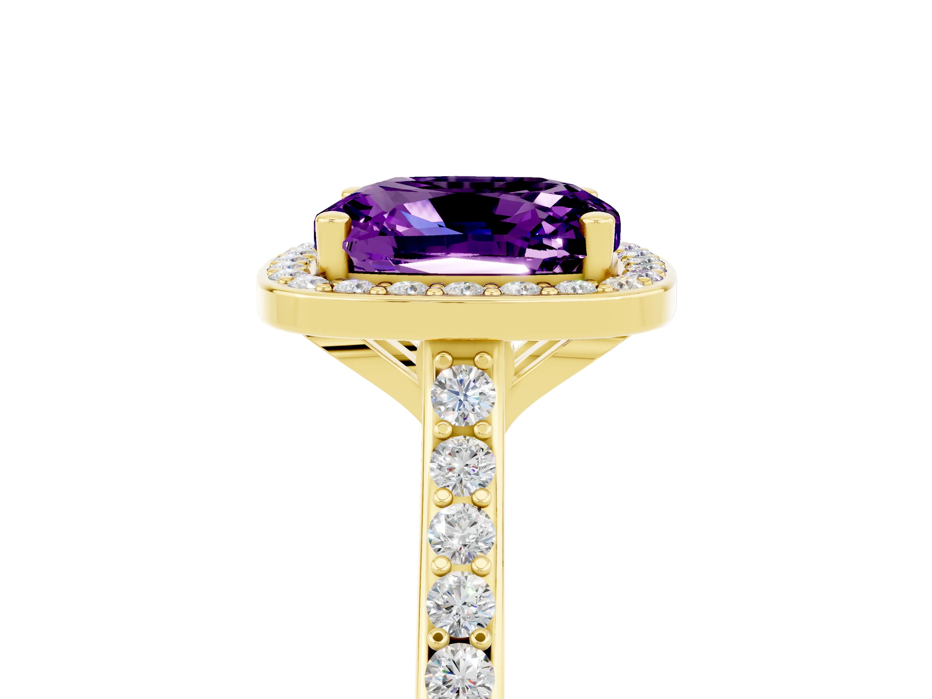 Yellow gold Cushion Cut Halo Round Diamond Pavé Band with Four-Prong Setting_5