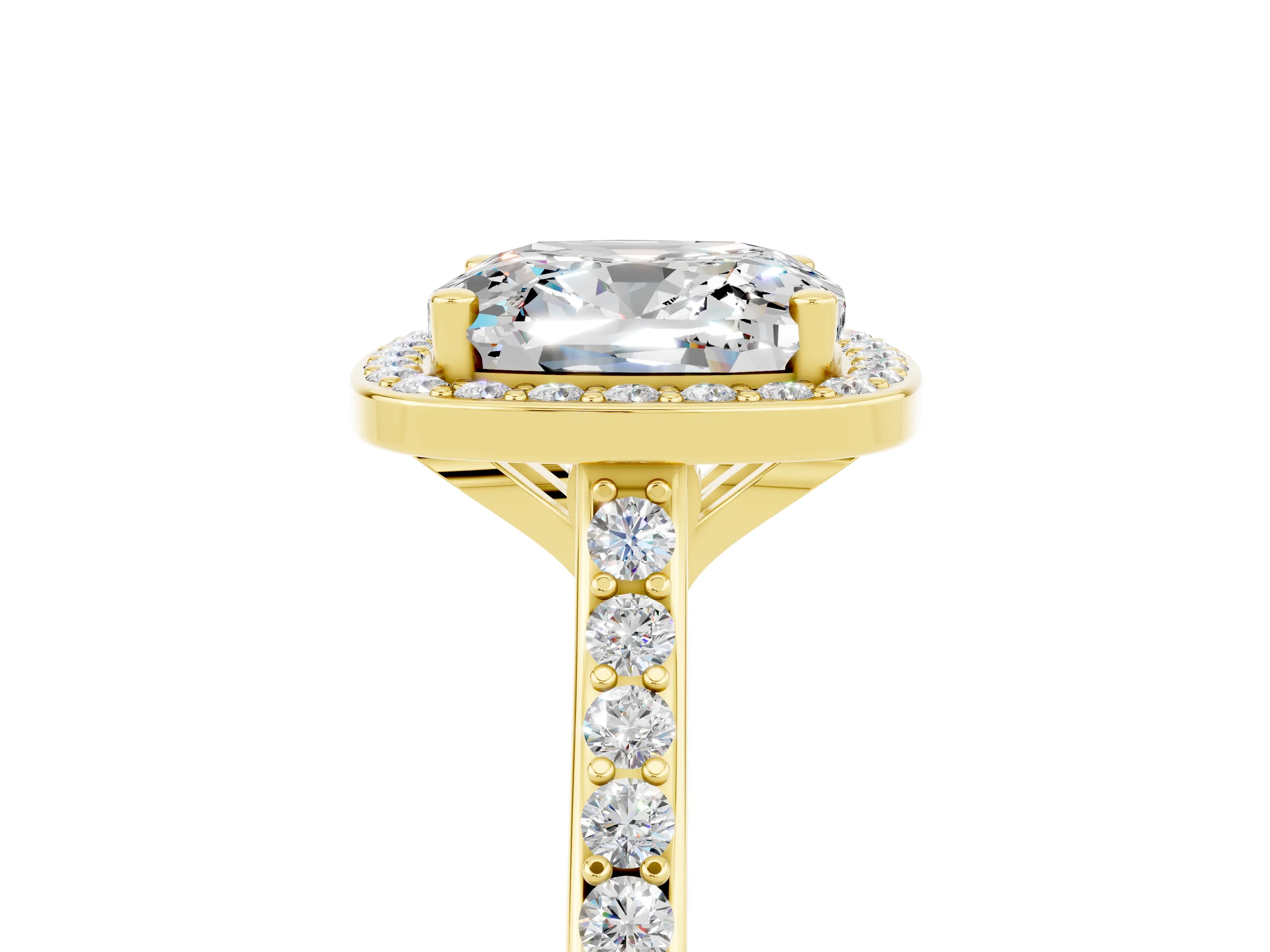 Yellow gold Cushion Cut Halo Round Diamond Pavé Band with Four-Prong Setting_5