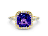 Yellow gold Cushion Cut Halo Round Diamond Pavé Band with Four-Prong Setting