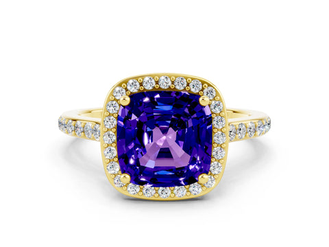 Yellow gold Cushion Cut Halo Round Diamond Pavé Band with Four-Prong Setting