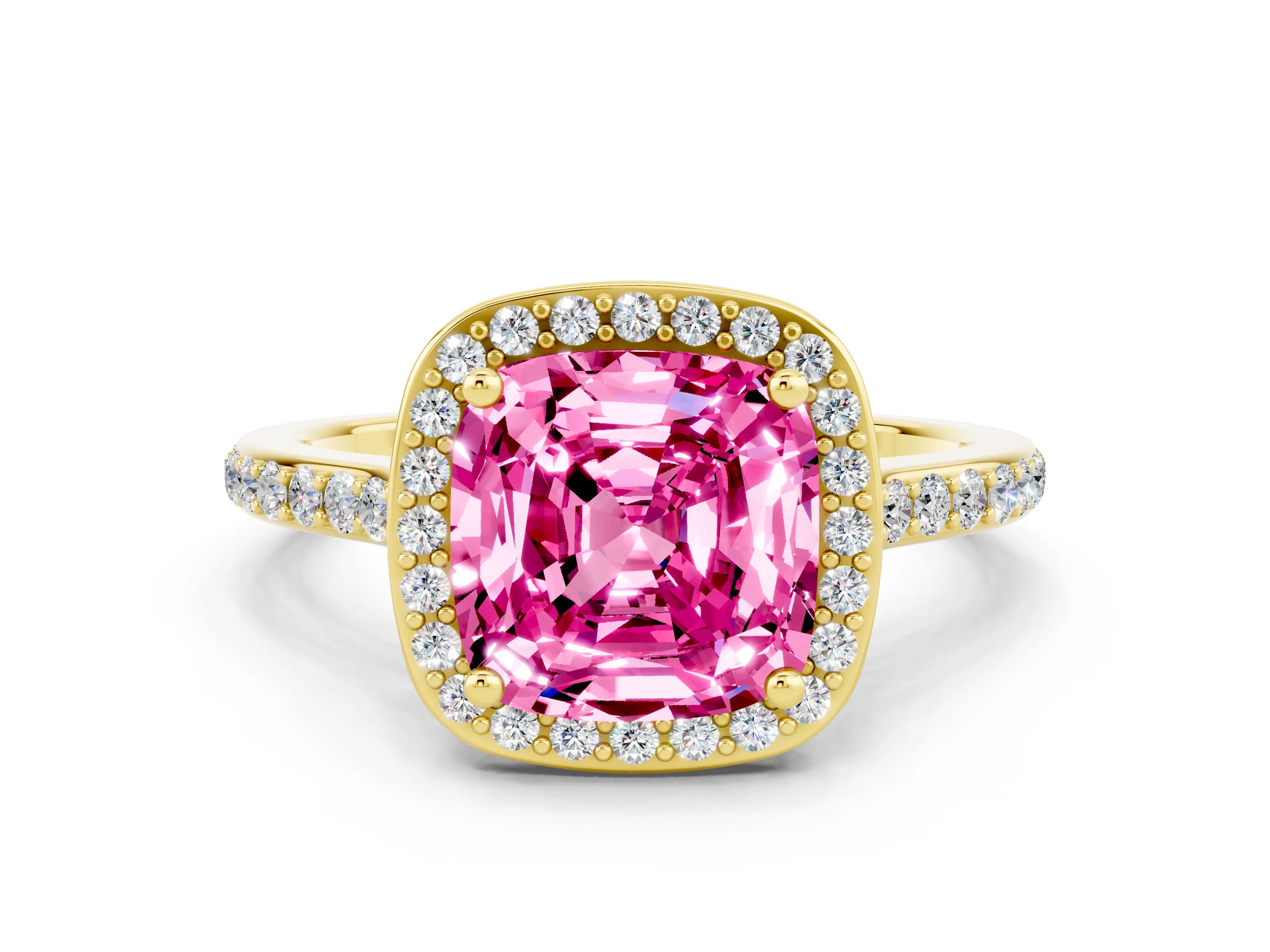 Yellow gold Cushion Cut Halo Round Diamond Pavé Band with Four-Prong Setting