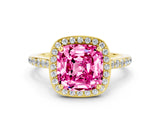 Yellow gold Cushion Cut Halo Round Diamond Pavé Band with Four-Prong Setting