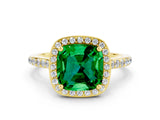 Yellow gold Cushion Cut Halo Round Diamond Pavé Band with Four-Prong Setting