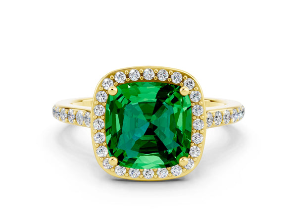 Yellow gold Cushion Cut Emerald Halo Engagement Ring with Round Pavé Shoulders and Prong Setting