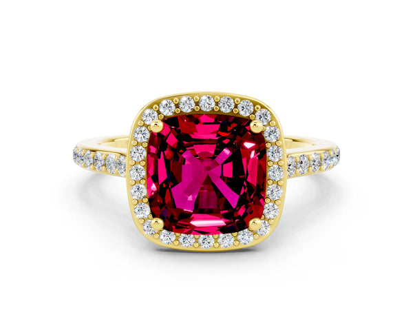 Yellow gold Cushion Cut Garnet Halo Engagement Ring with Round Pavé Shoulders and Prong Setting