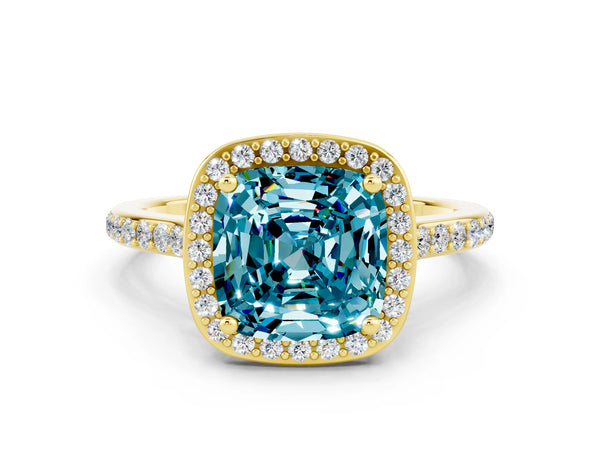 Yellow gold Cushion Cut Halo Round Diamond Pavé Band with Four-Prong Setting