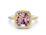 Yellow gold Cushion Cut Halo Round Diamond Pavé Band with Four-Prong Setting