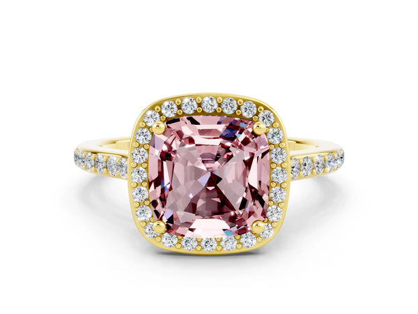 Yellow gold Cushion Cut Halo Round Diamond Pavé Band with Four-Prong Setting