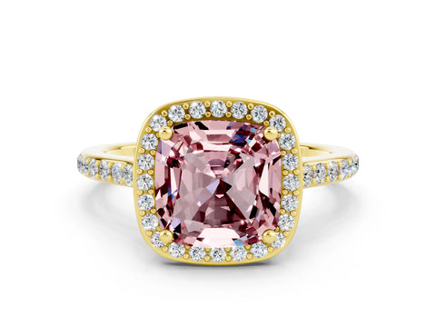 Yellow gold Cushion Cut Halo Round Diamond Pavé Band with Four-Prong Setting