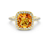 Yellow gold Cushion Cut Halo Round Diamond Pavé Band with Four-Prong Setting