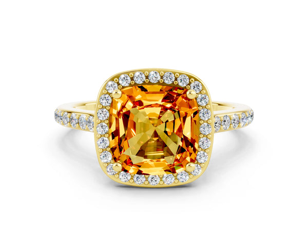 Yellow gold Cushion Cut Citrine Halo Engagement Ring with Round Pavé Shoulders and Prong Setting