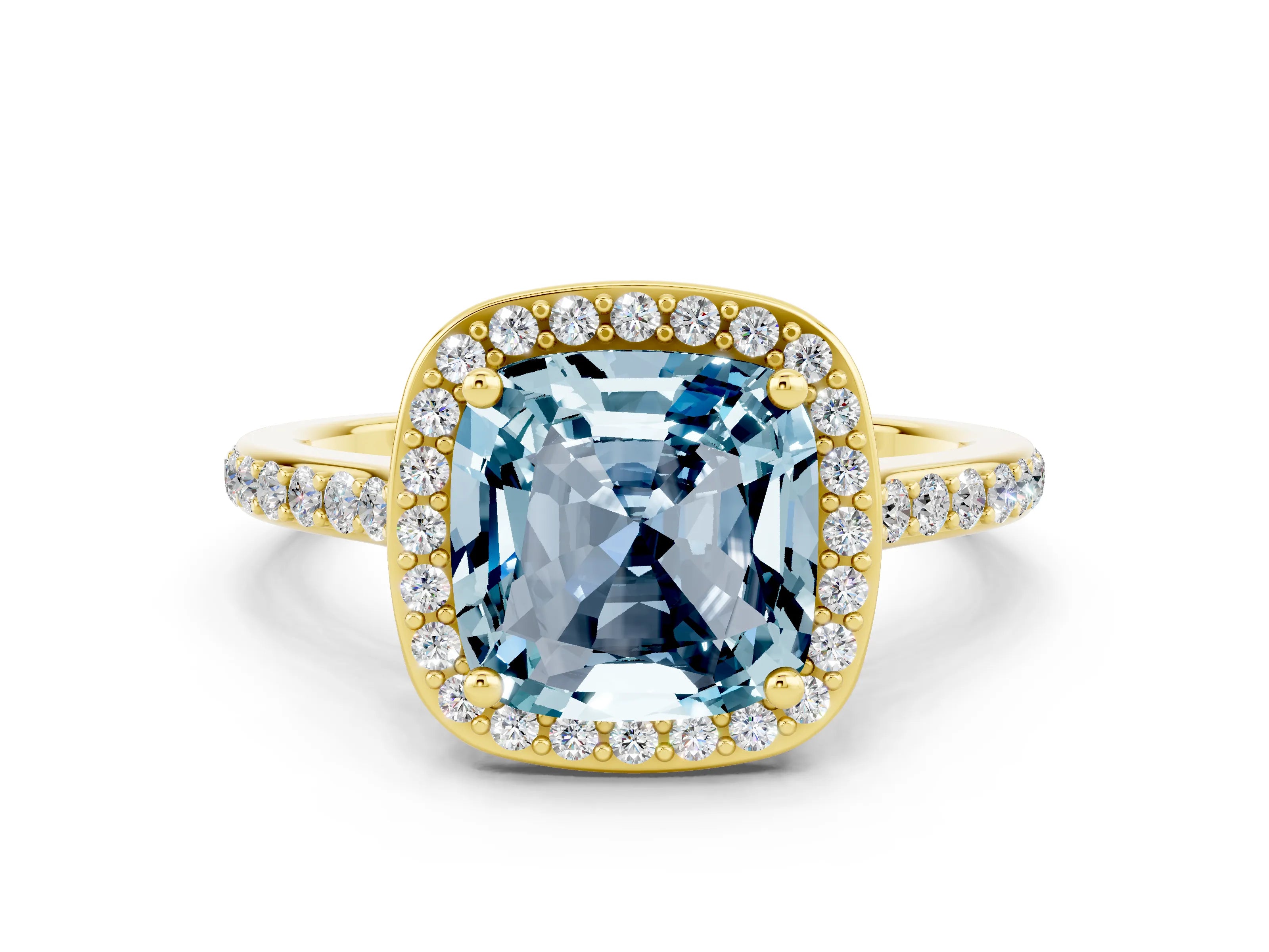 Yellow gold Cushion Cut Halo Round Diamond Pavé Band with Four-Prong Setting