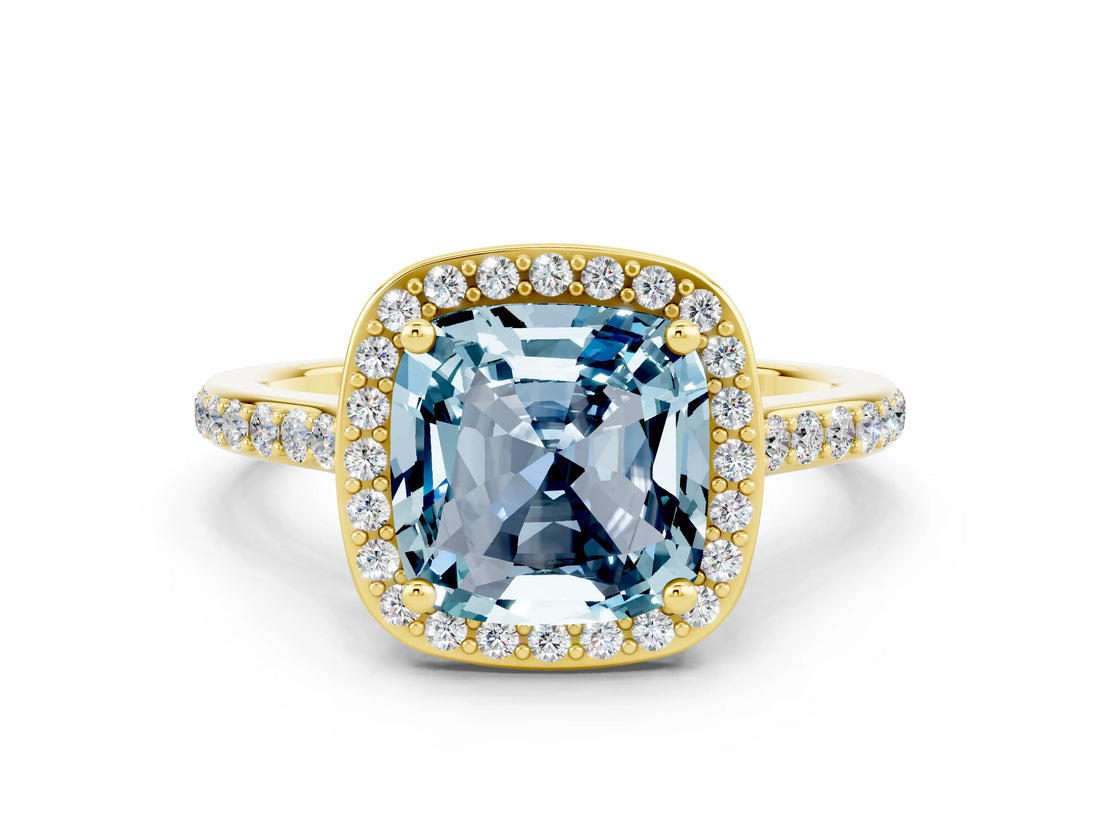 Yellow gold Cushion Cut Halo Round Diamond Pavé Band with Four-Prong Setting