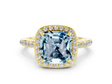Yellow gold Cushion Cut Halo Round Diamond Pavé Band with Four-Prong Setting