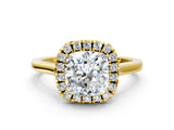 Yellow gold Cushion Cut Halo Round Diamond Solitaire Ring with Pavé Band and Four-Prong Setting