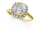 Yellow gold Cushion Cut Halo Round Diamond Solitaire Ring with Pavé Band and Four-Prong Setting_1