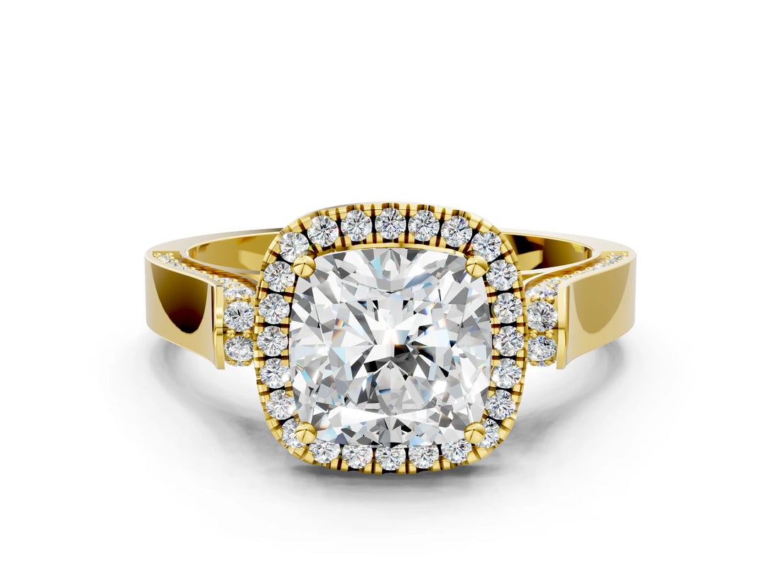 Yellow gold Cushion Cut Halo Round Diamond Twist Band with Four-Prong Setting_15