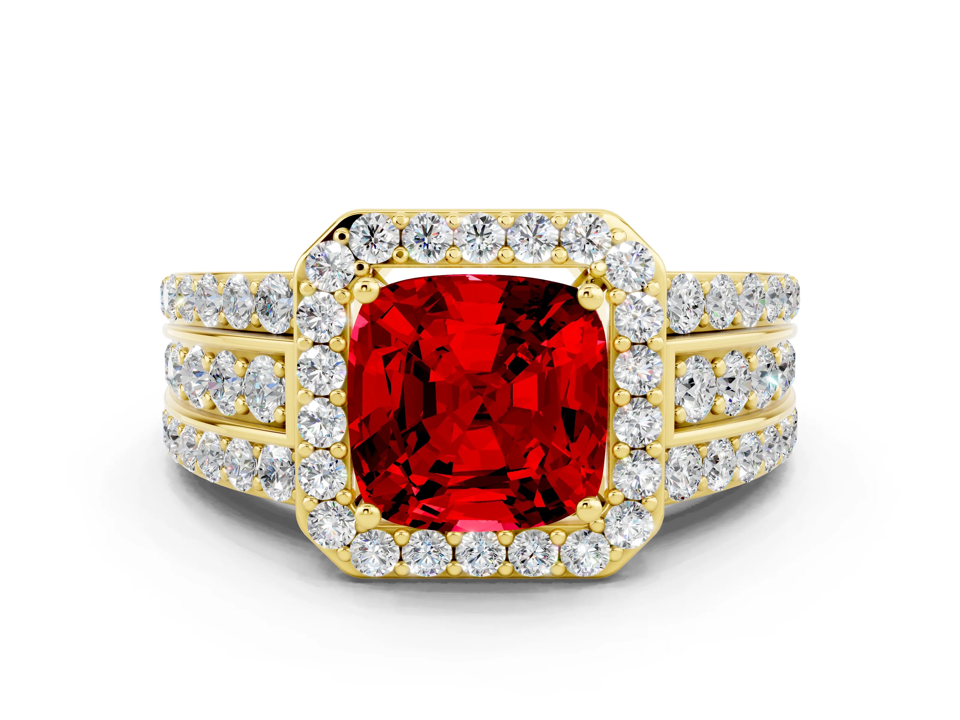 Yellow gold Cushion Cut Halo Ruby Ring with Split Shank and Four-Prong Setting