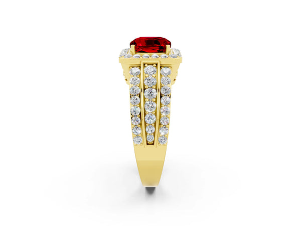 Yellow gold Cushion Cut Halo Ruby Ring with Round  Split Shank and Prong Setting