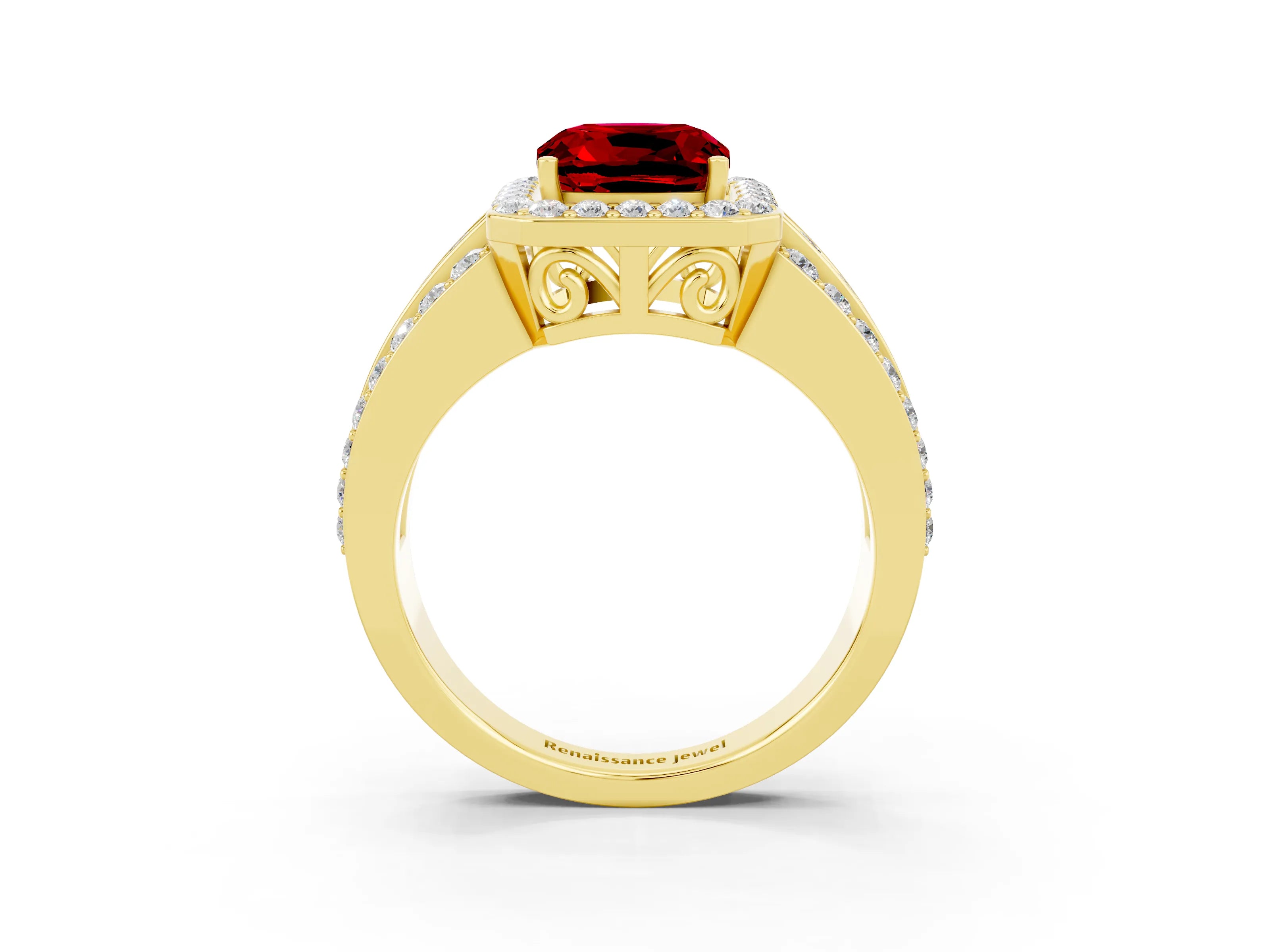 Yellow gold Cushion Cut Halo Ruby Ring with Split Shank and Four-Prong Setting_3